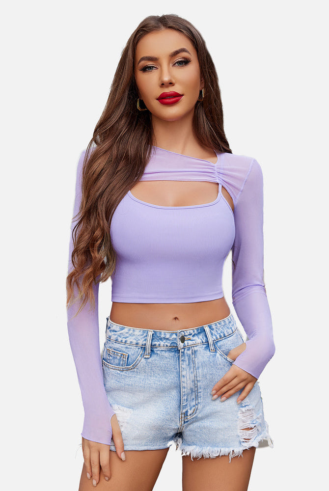 Lilac mesh crop top and cami set. Fashionable, sheer long sleeves. Stylish lingerie for a sexy look.