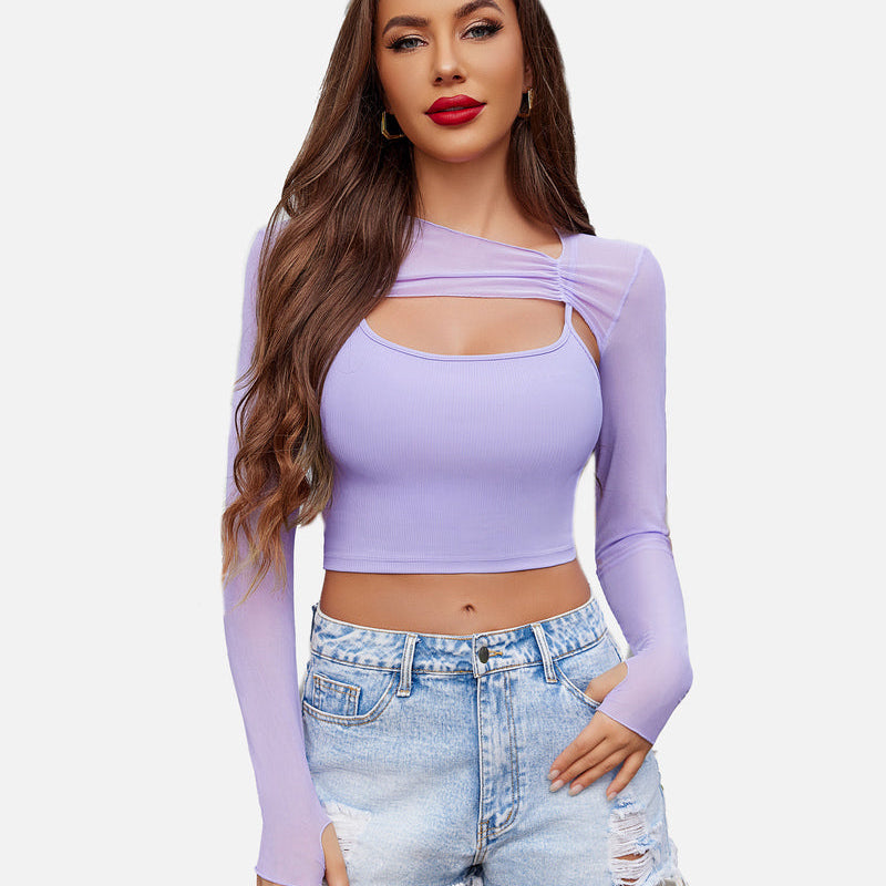 Lilac mesh crop top and cami set. Fashionable, sheer long sleeves. Stylish lingerie for a sexy look.