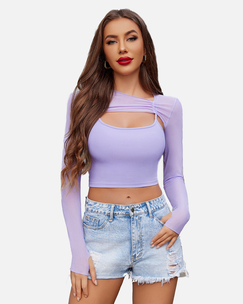 Lilac mesh crop top and cami set. Fashionable, sheer long sleeves. Stylish lingerie for a sexy look.