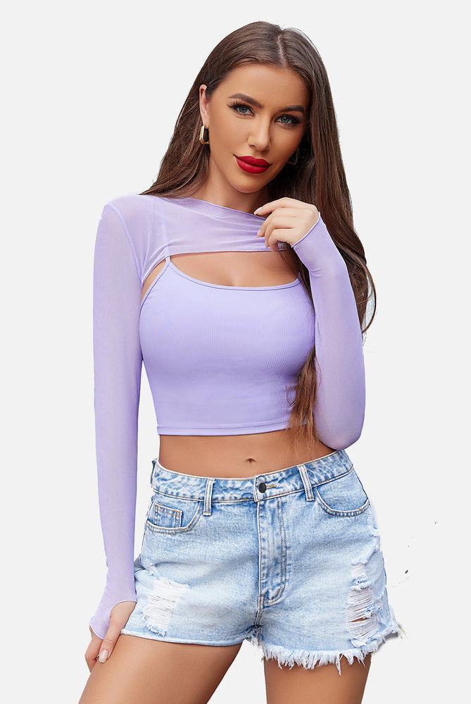 Light purple mesh crop top and cami set for women, a stylish and fashionable lingerie.