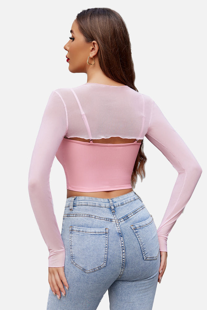 Pink mesh crop top and cami set, fashionable lingerie with long sleeves, sexy and stylish.