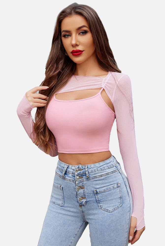 Pink mesh crop top and cami set, stylish lingerie with long sleeves, perfect for a fashionable look.
