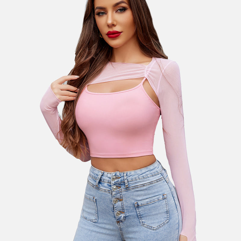 Pink mesh crop top and cami set, stylish lingerie with long sleeves, perfect for a fashionable look.