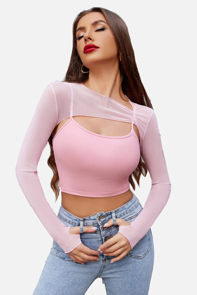 Pink mesh crop top and cami set, long sleeves, fashionable lingerie for a stylish look.