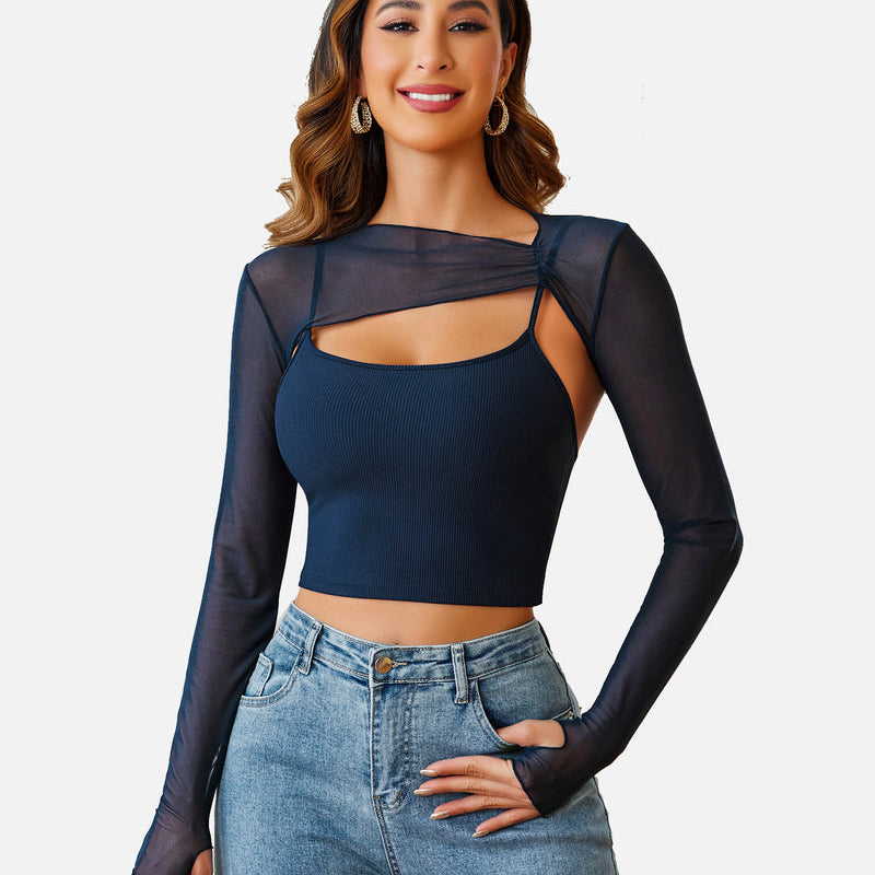 Mesh crop top and cami set in dark blue, long sleeves. Stylish lingerie for a fashionable look.