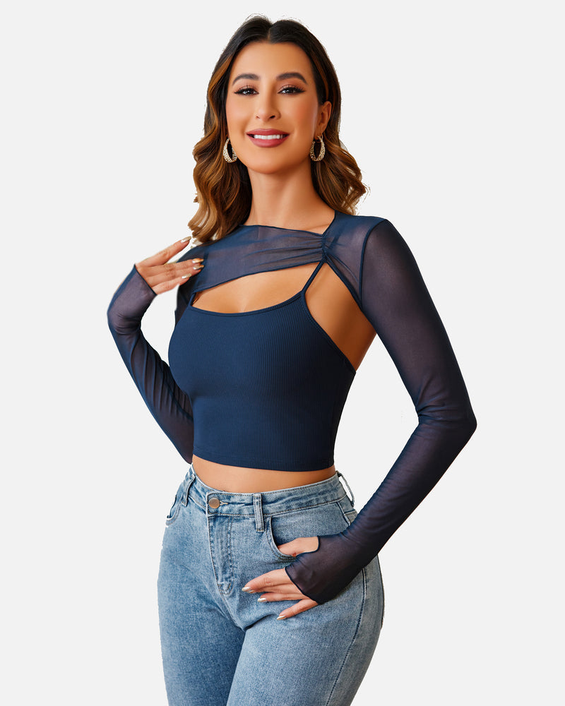 Navy mesh crop top and cami set. Long sleeves and a fashionable, sheer design for stylish lingerie.
