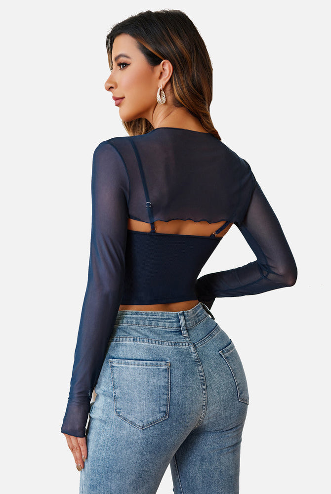 Navy mesh crop top with cami set. Sheer, long-sleeved lingerie for a fashionable and sexy look