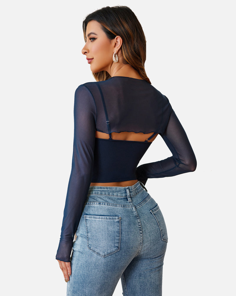 Navy mesh crop top with cami set. Sheer, long-sleeved lingerie for a fashionable and sexy look