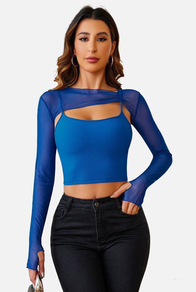 Blue mesh crop top and cami set, long sleeves, fashionable sheer lingerie for a sexy look.
