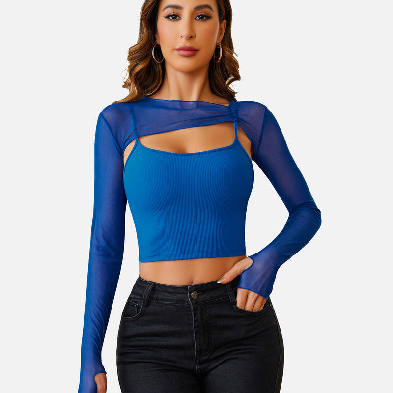 Blue mesh crop top and cami set, long sleeves, fashionable sheer lingerie for a sexy look.