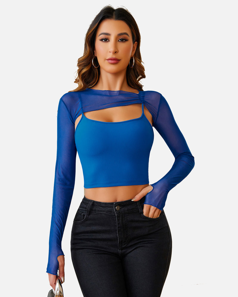 Blue mesh crop top and cami set, long sleeves, fashionable sheer lingerie for a sexy look.