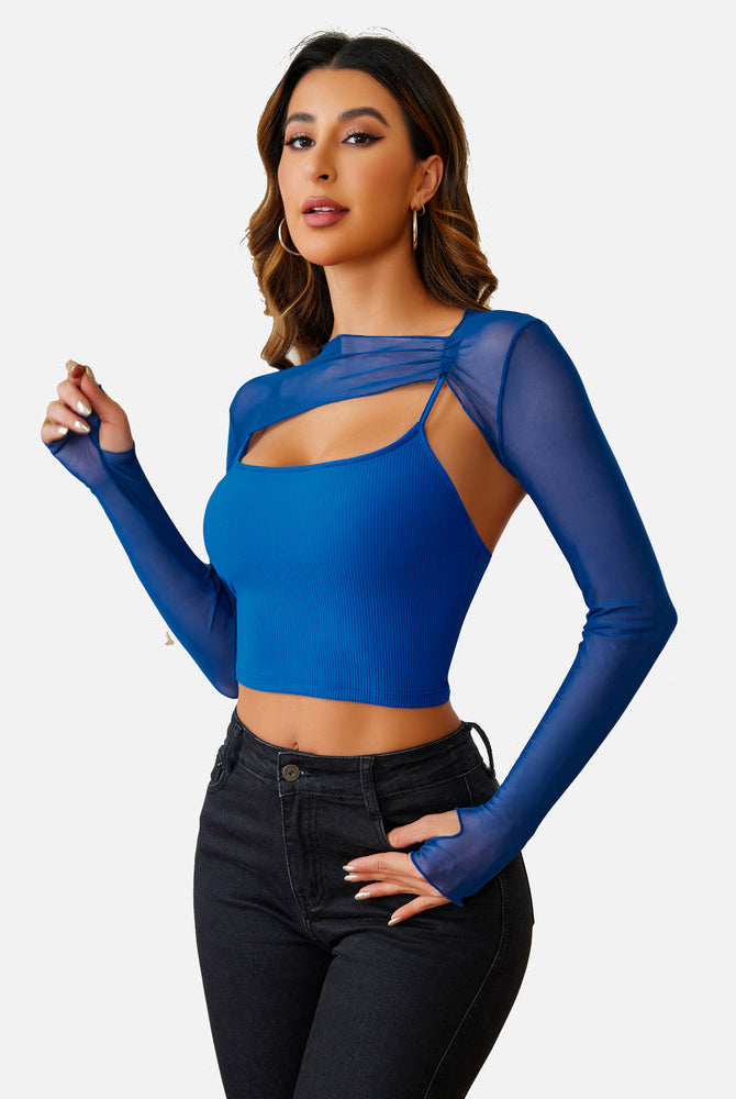 Blue mesh crop top cami set with long sleeves sheer design. Stylish lingerie for a sexy look.