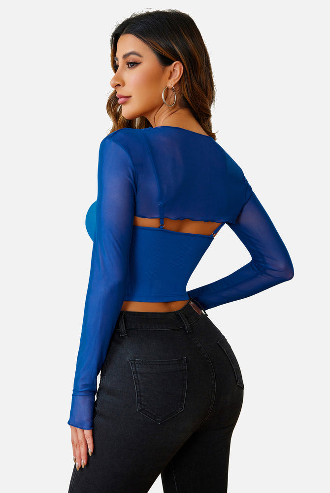 Blue mesh crop top with cami top, long sleeves with thumb holes, showing the allure and sexiness