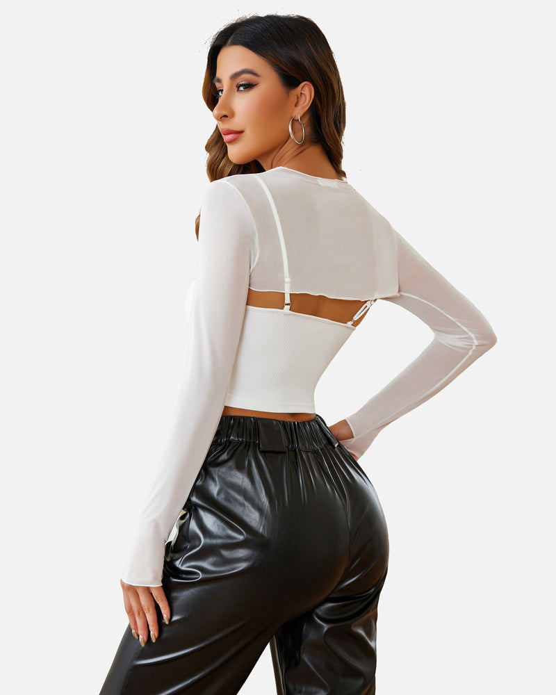 White mesh crop top and cami set, long sleeves, sheer design, fashionable lingerie for women