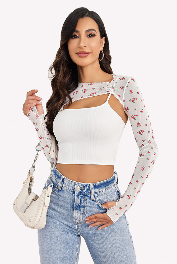 White cami and floral mesh crop top, fashionable lingerie set for women. Sheer design