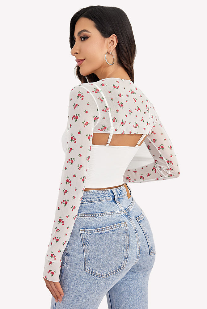 White floral mesh crop top with cami top set. A fashionable and sexy lingerie set for women.