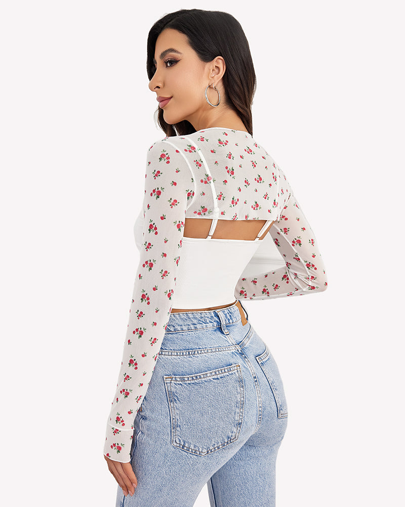 White floral mesh crop top with cami top set. A fashionable and sexy lingerie set for women.