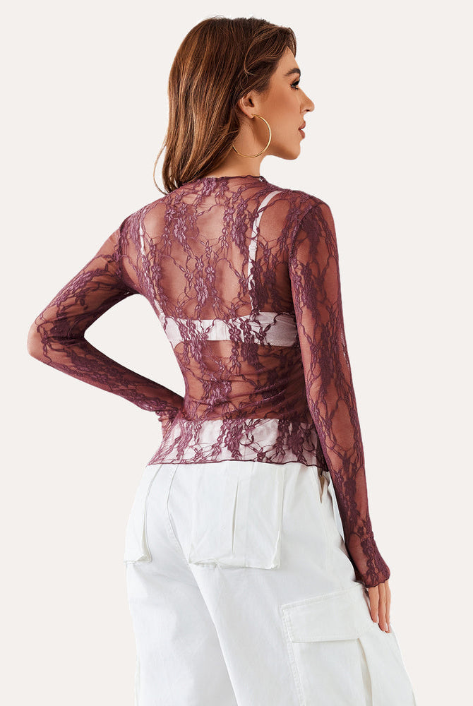 Burgundy floral lace sheer blouse with mock neck and long sleeves, stylish and sexy look for women