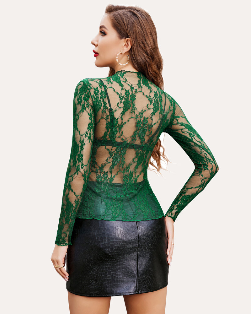 Green floral lace sheer blouse, mock neck, long sleeves, sexy see-through mesh top on a woman