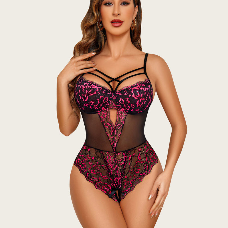 Lace criss-cross bodysuit, open crotch design, adjustable straps, sexy lingerie gift