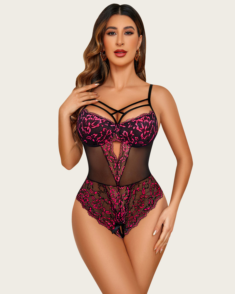 Lace criss-cross bodysuit, open crotch design, adjustable straps, sexy lingerie gift
