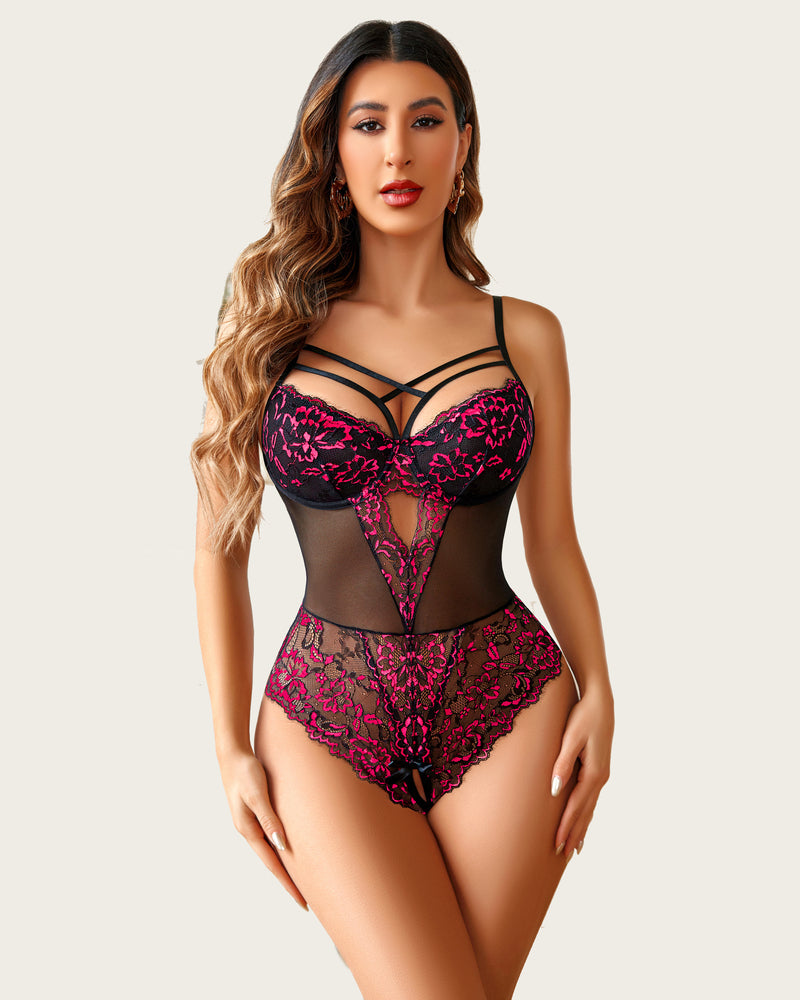Black and pink lace criss-cross bodysuit, open crotch design, adjustable straps, sexy lingerie