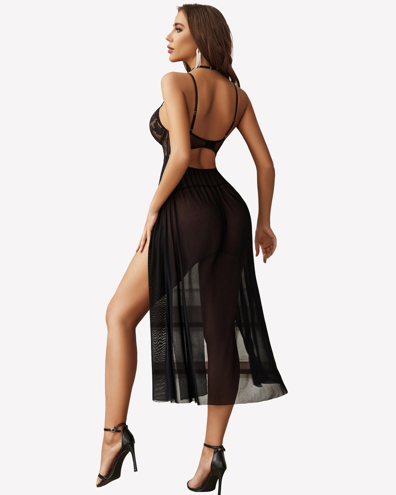 Black mesh side split nightgown, featuring floral lace cups, showing leg curve, sexy lingerie.