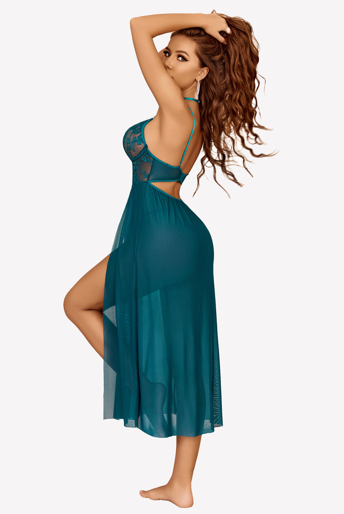 Avidlove Teal Lace Mesh Side Split Nightgown featuring floral lace cups and high slit, sexy lingerie