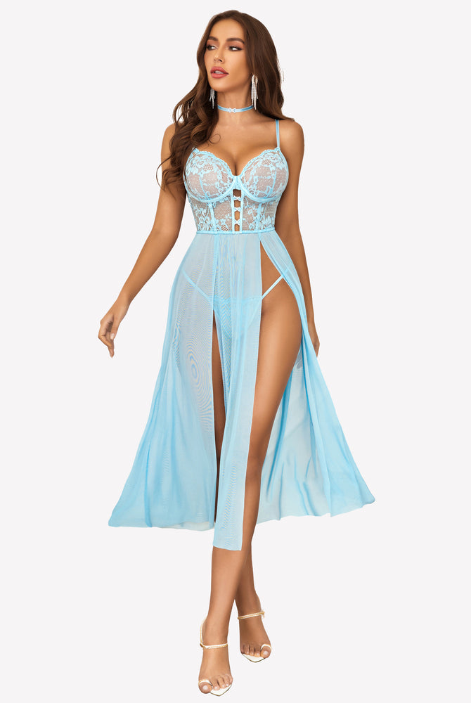 Avidlove light blue lace mesh nightgown with floral lace cups and high slit