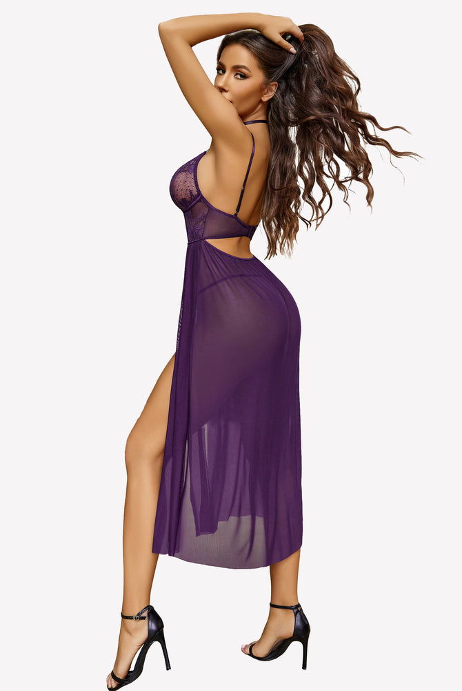 Purple lace mesh side split nightgown with floral lace cups and high side split