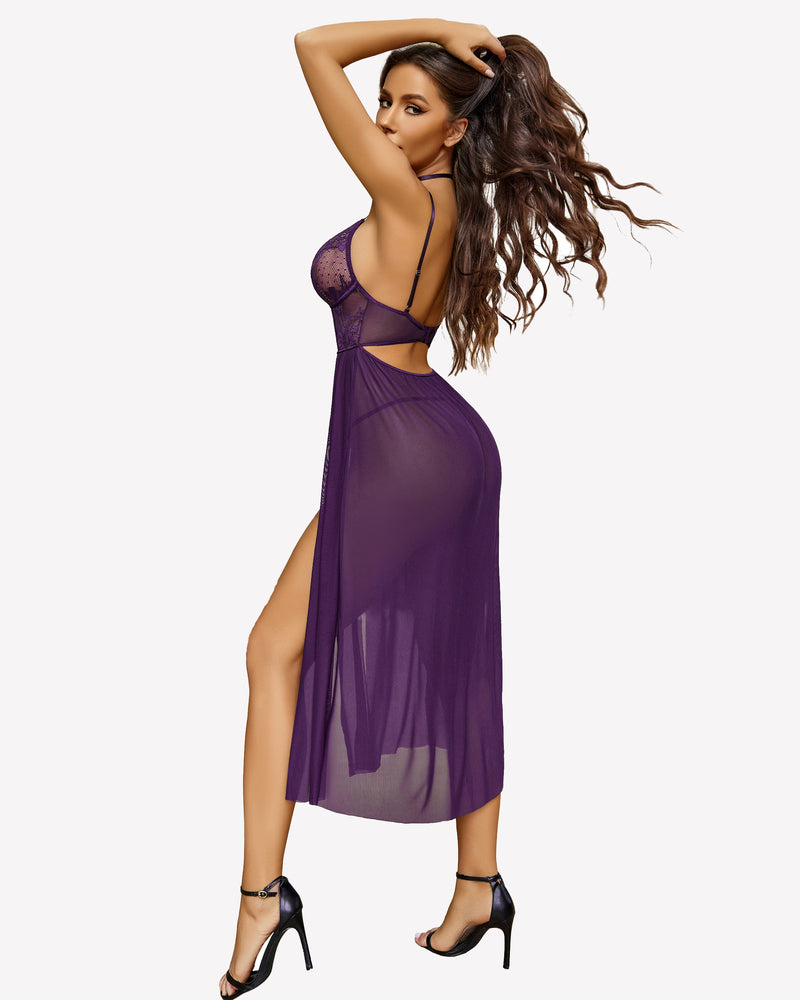 Purple lace mesh side split nightgown with floral lace cups and high side split
