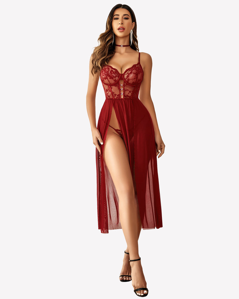 Avidlove burgundy lace mesh side split nightgown with floral lace cups, sexy lingerie