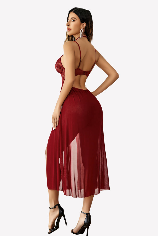 Avidlove burgundy lace mesh nightgown with floral lace cups and side split, sexy lingerie