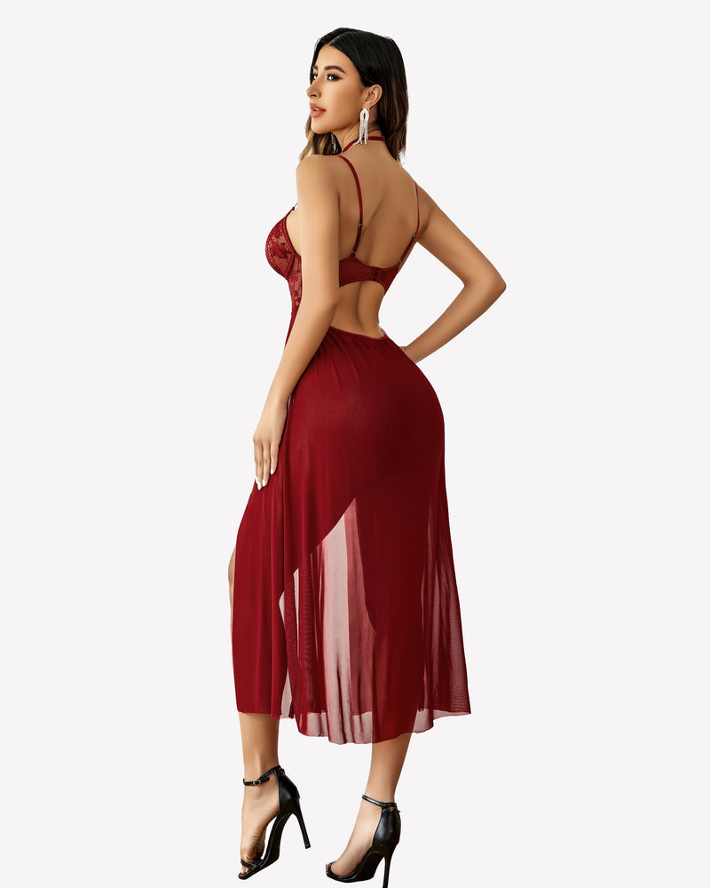 Avidlove burgundy lace mesh nightgown with floral lace cups and side split, sexy lingerie