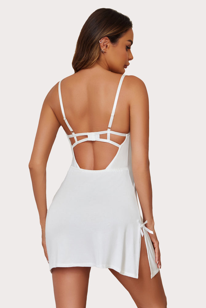 White modal chemise with lace, side slits, adjustable straps; Avidlove lingerie for a sexy look.