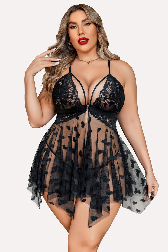 Plus Size Lace Front Slit Nightdress featuring sheer floral lace cups and heart details