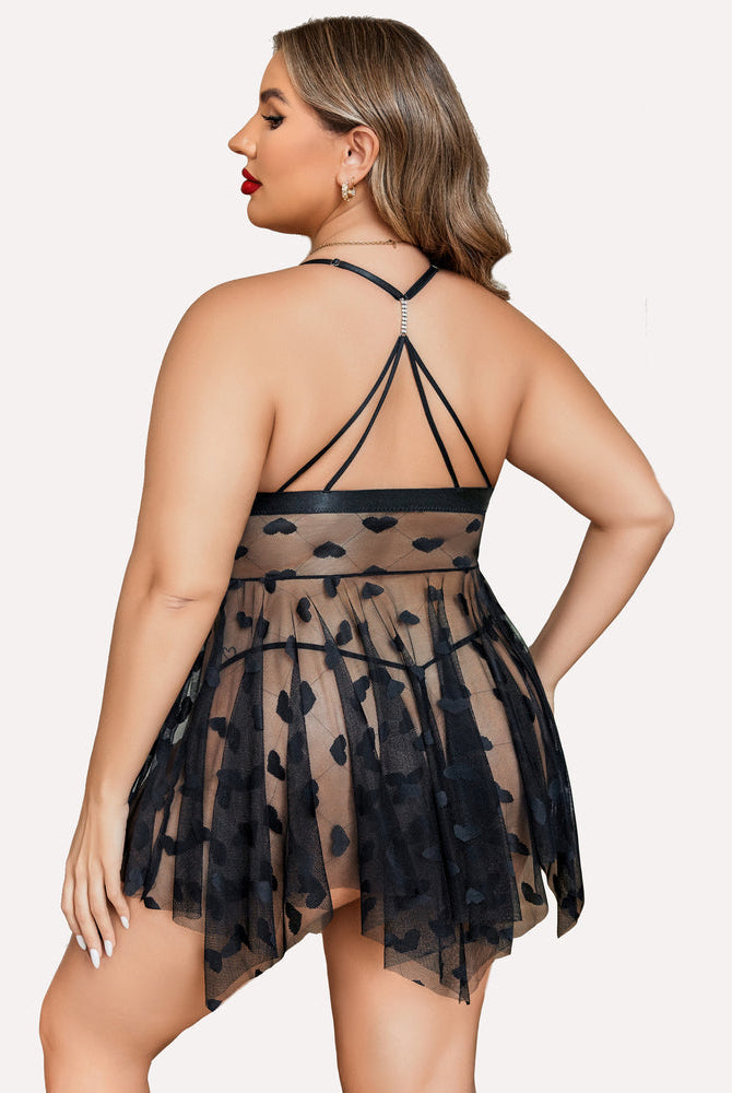 Plus size black babydoll with heart details, sheer asymmetrical hem and rhinestone straps