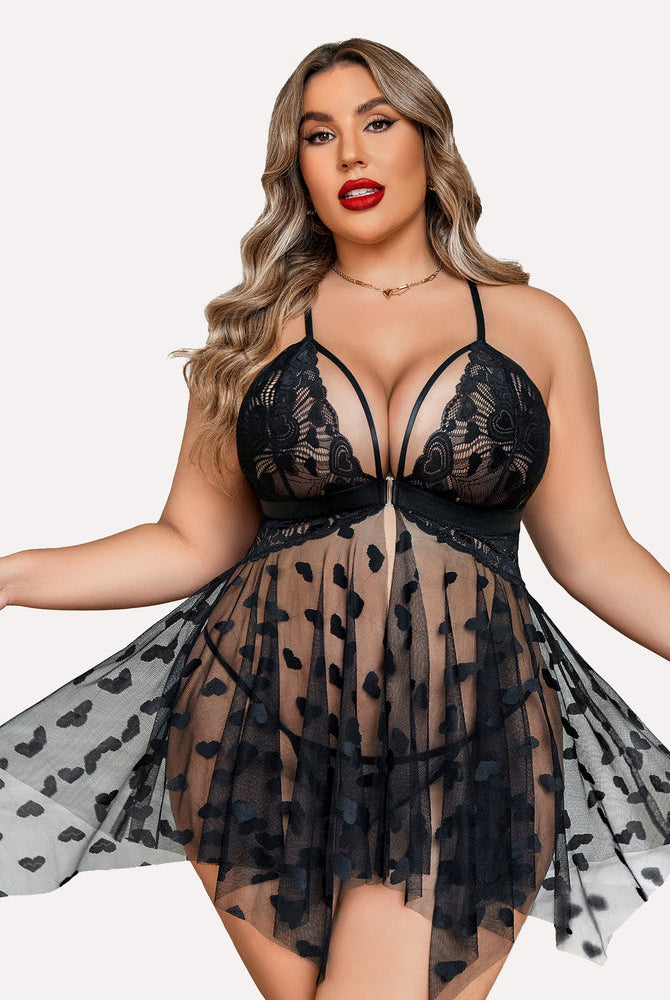 Plus Size Lace Front Slit Nightdress, Black with Heart Details
