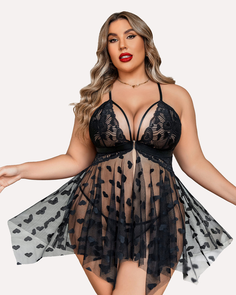 Plus Size Lace Front Slit Nightdress, Black with Heart Details