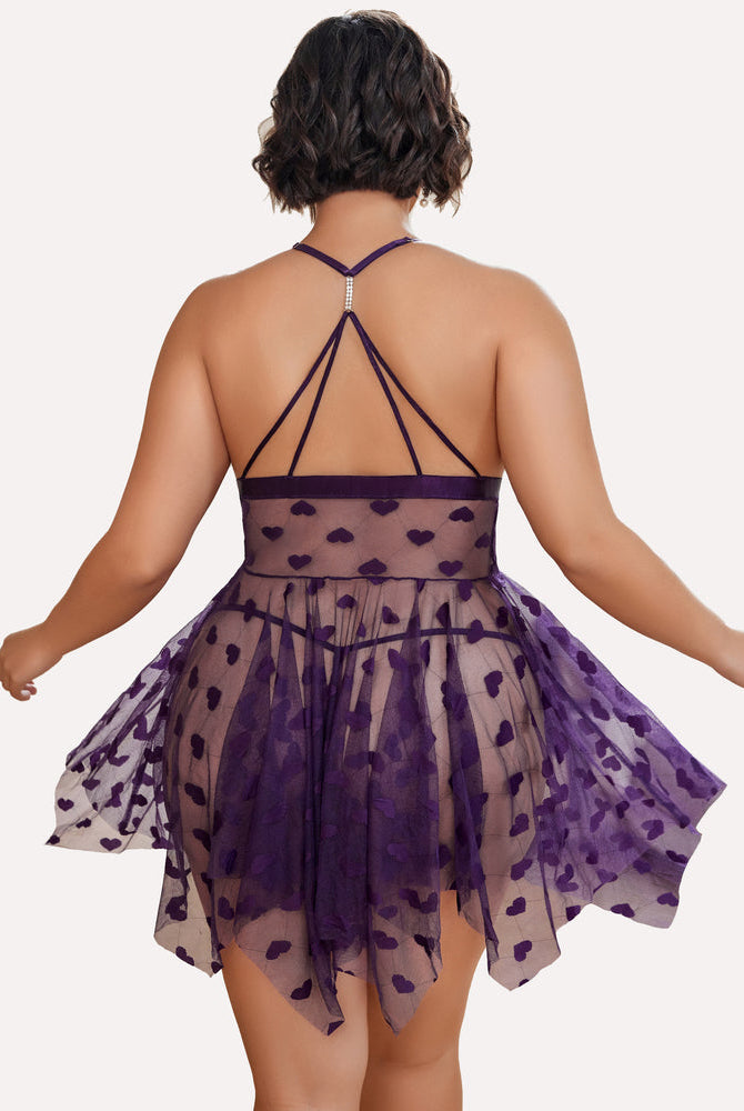 Plus Size Purple Lace Babydoll, Heart Details, Rhinestone Strap, Asymmetrical Hem