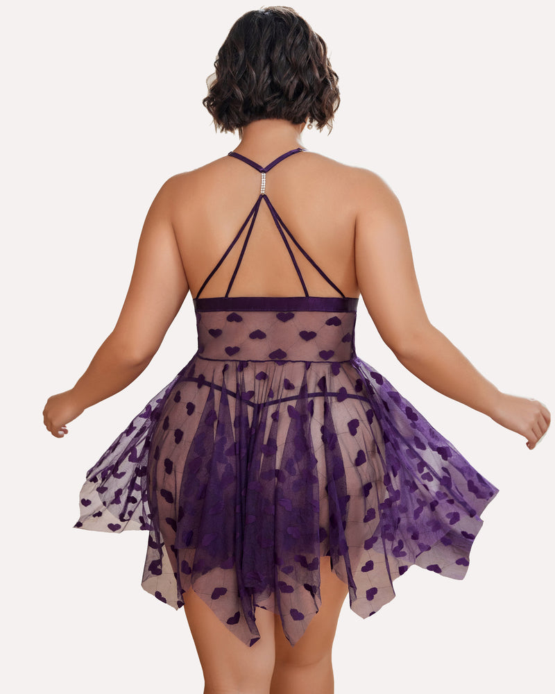 Plus Size Purple Lace Babydoll, Heart Details, Rhinestone Strap, Asymmetrical Hem