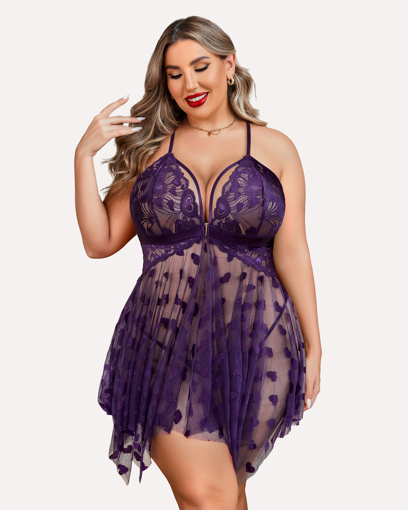 Plus Size Purple Lace Babydoll Nightdress with Heart Details and Adjustable Straps
