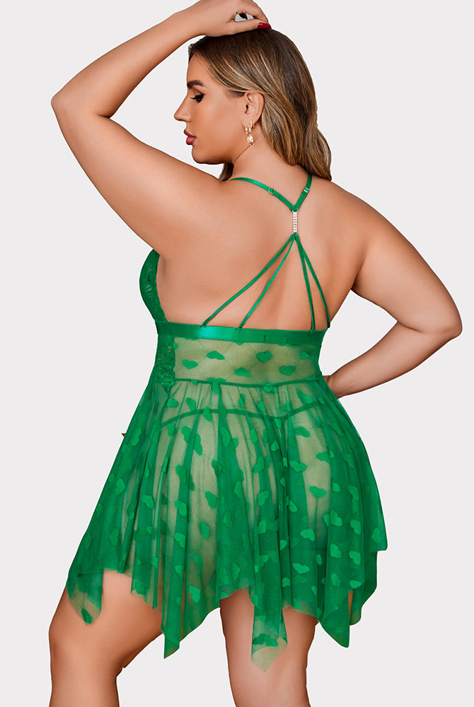 Plus size green lace babydoll nightdress with heart details, adjustable straps, asymmetrical hem