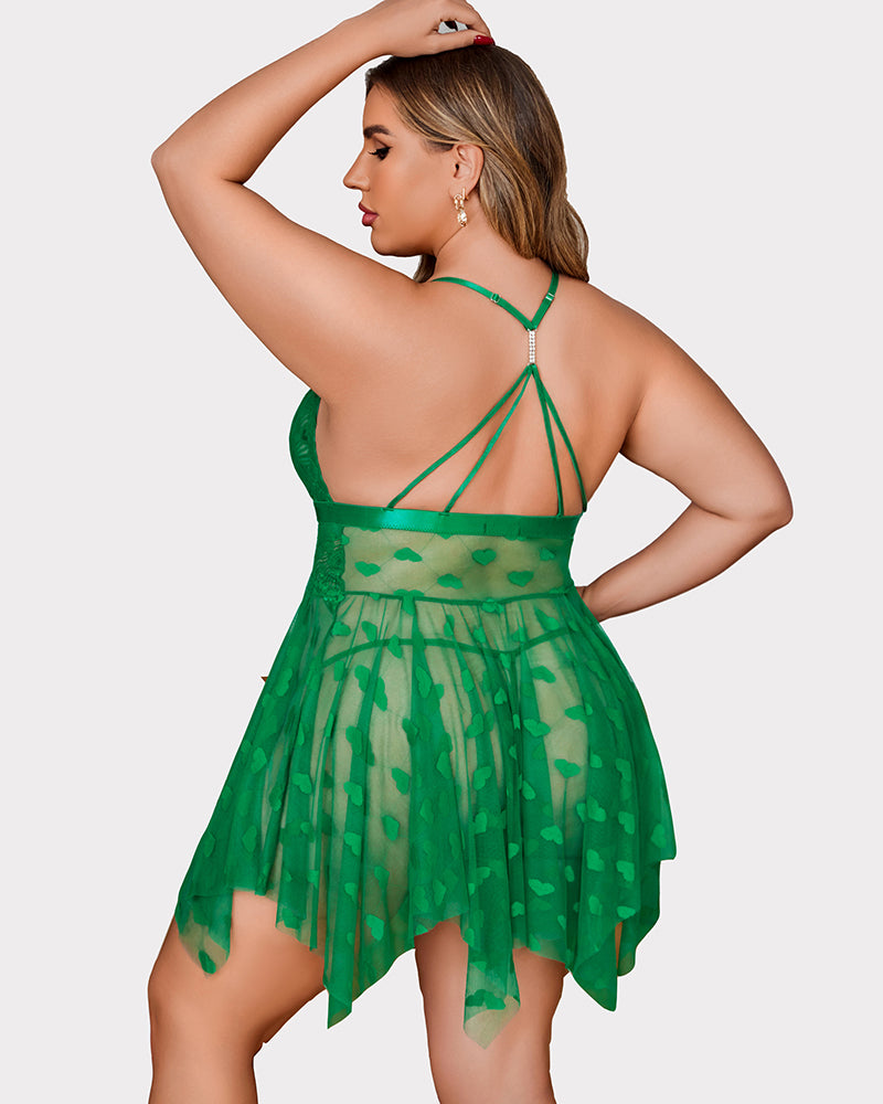 Plus size green lace babydoll nightdress with heart details, adjustable straps, asymmetrical hem