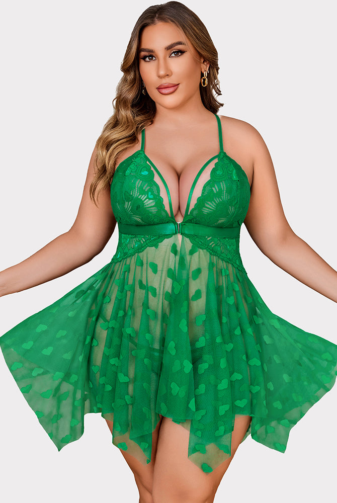 Plus Size Green Lace Babydoll Nightdress with Heart Details, Adjustable Straps and Asymmetrical Hem