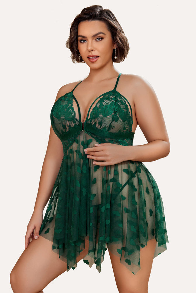 Plus Size Green Lace Babydoll Nightdress with Heart Details, Asymmetrical Hem