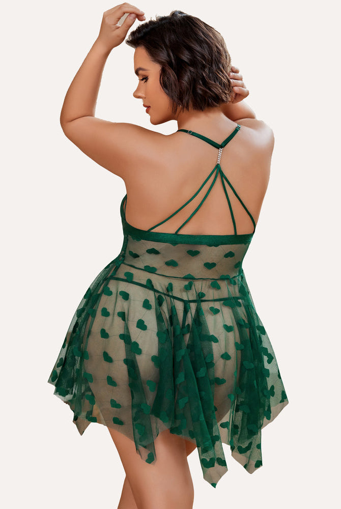 Plus Size Green Lace Babydoll Nightdress with Heart Details, Rhinestone Straps and Asymmetrical Hem
