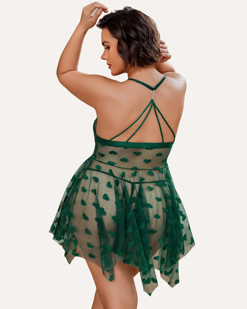 Plus Size Green Lace Babydoll Nightdress with Heart Details, Rhinestone Straps and Asymmetrical Hem