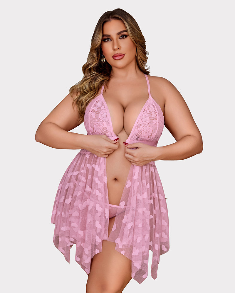 Plus size pink lace babydoll with heart details, asymmetrical hem, sheer cups, sexy lingerie