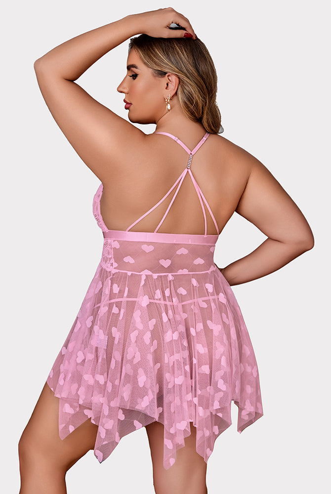 Plus Size Pink Lace Babydoll with Heart Details, Asymmetrical Hem, Rhinestone Straps